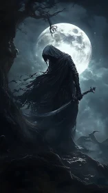 Moonlit reaper figure stands guard in a stormy night forest