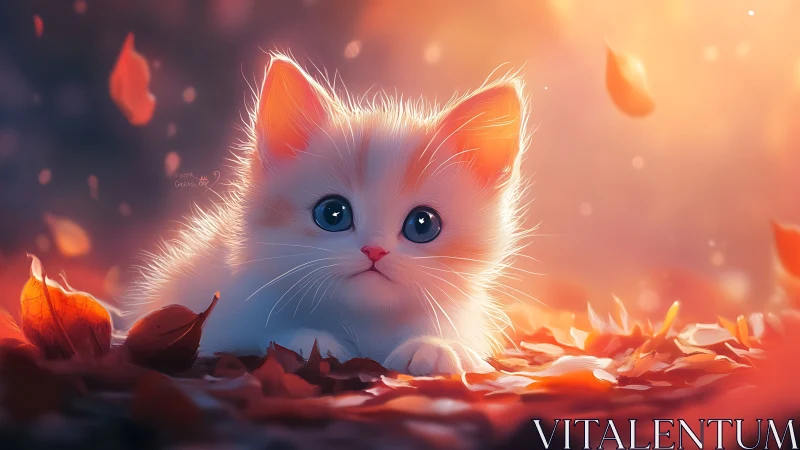 Ethereal White Kitten Glowing in Warm Autumn Light and Petals