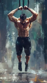 Muscular man performs suspended ring exercise in midair