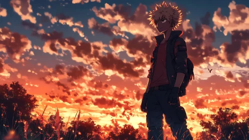 Silhouetted anime teen stands against burning sunset sky
