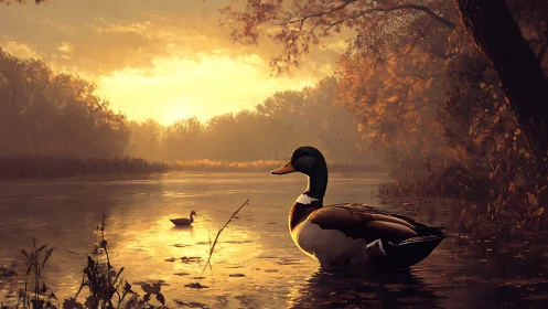 Mallard ducks occupy a reflective river at low golden sunset
