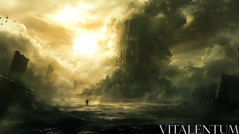 Lone figure crosses ruined plain toward colossal tower