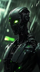 Neon-eyed rain sentinel: sleek cybernetic watcher ascends.
