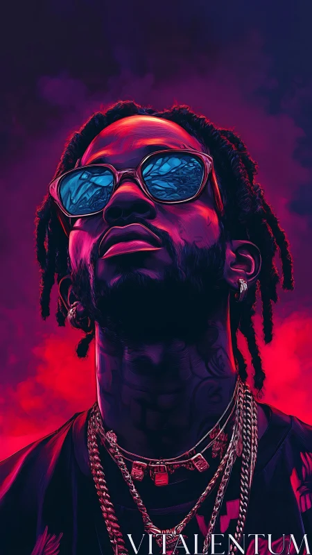 Neon-lit portrait renders stylized rapper under magenta-blue rim light