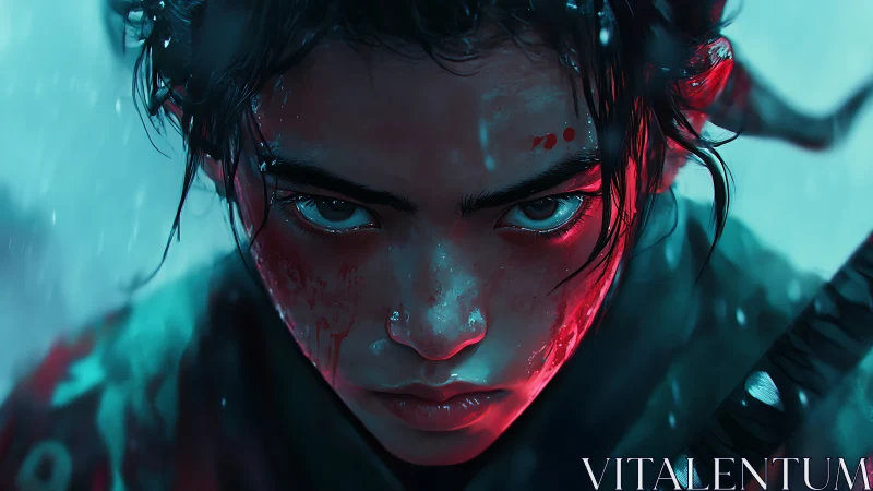 Bloodlit samurai warrior portrait under cold rainstorm.