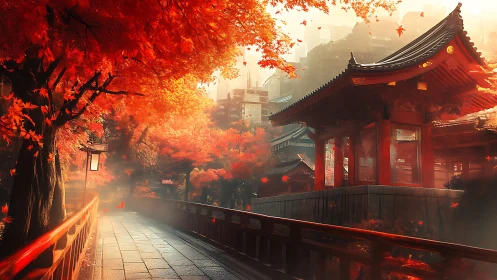 Autumn temple walkway glows under dense crimson maple canopy