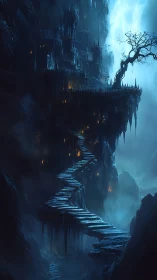 Cliffside necropolis with winding stone stair and spectral glow.