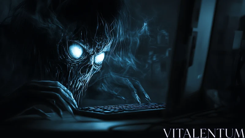 Sinister digital specter hunches over keyboard in blue haze.