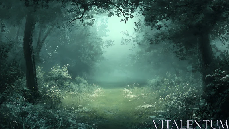 Enchanted Forest Clearing in Mist.