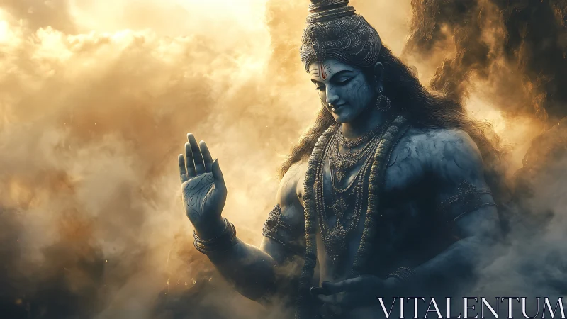 Divine blue deity emerges from glowing celestial clouds