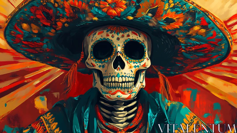 Radiant skeleton in a colorful sombrero smiles with bold warmth