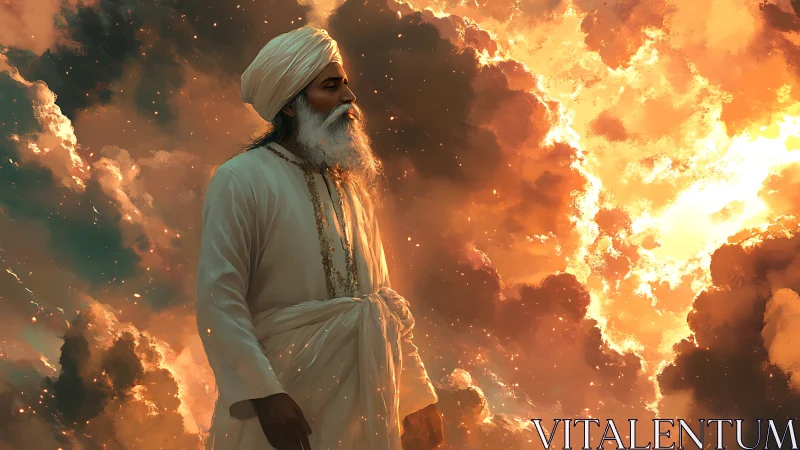 Elder in white robes walks through volumetric glowing cloud field
