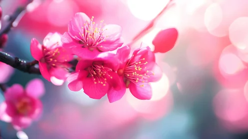 Magenta Peach Blossoms with Golden Stamens on Bokeh Background.