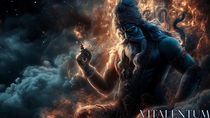 Mythic celestial warrior emerging from turbulent nebular fire.