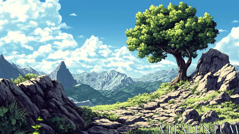 Lone deciduous tree on rocky ridgeline above distant alpine range