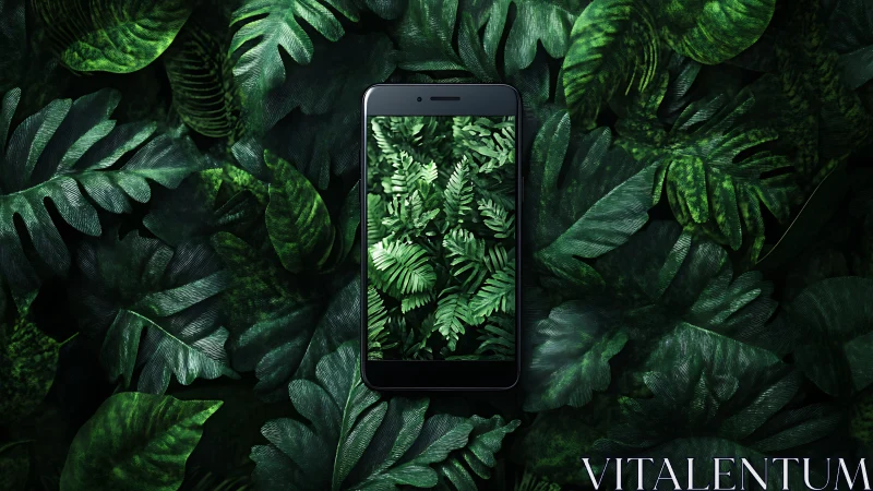 Smartphone lies in lush jungle leaves evoking digital nature