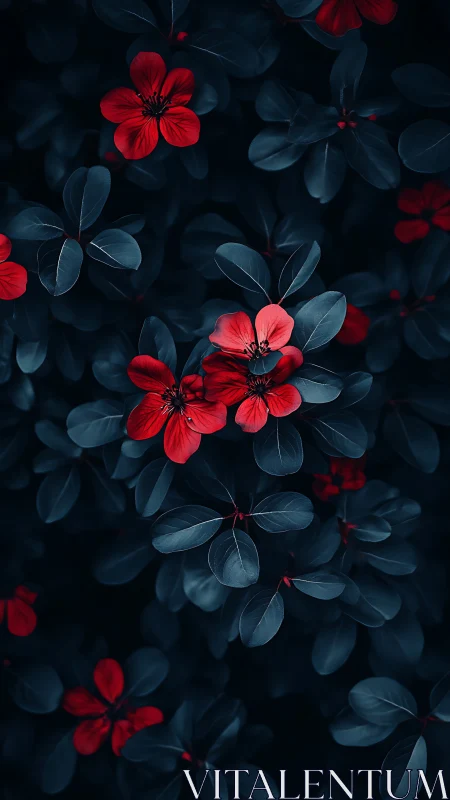 Vivid Red Flowers Against Dark Teal Foliage.