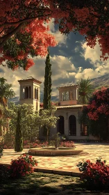 Mediterranean courtyard with fountain, trees and towers.