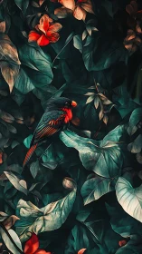 Scarlet-breasted songbird amid teal foliage and crimson blooms