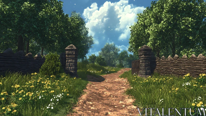 Sunlit country gate opening onto a dream-bright woodland path.