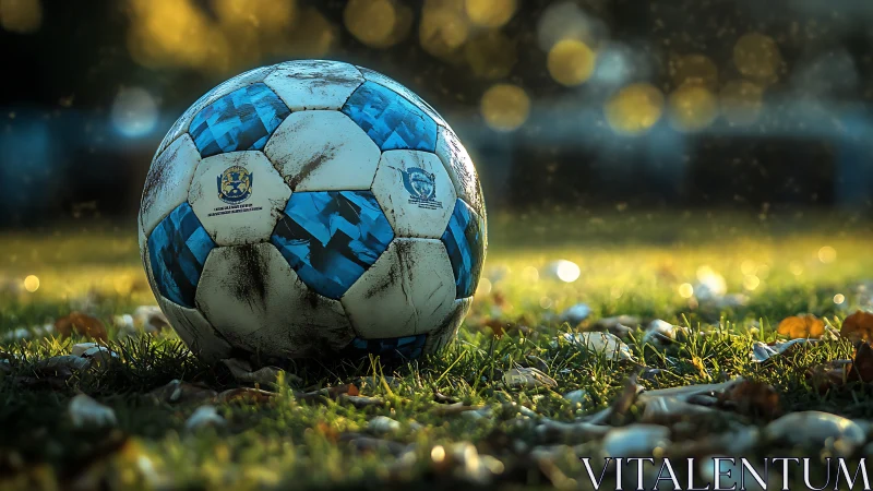 Sunlit blue soccer ball rests gently on a dewy autumn field