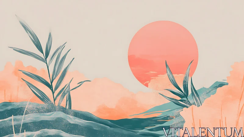 Minimal sunset landscape with teal plants and coral sun.