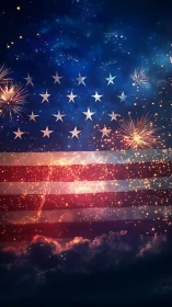 Firelit American flag glows warmly against a starry night sky