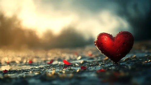 Crimson Heart Glistens Against Soft Golden Sunrise.