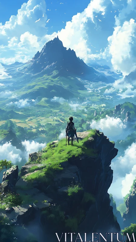 Lone wanderer greeting a distant sky-carved mountain realm.