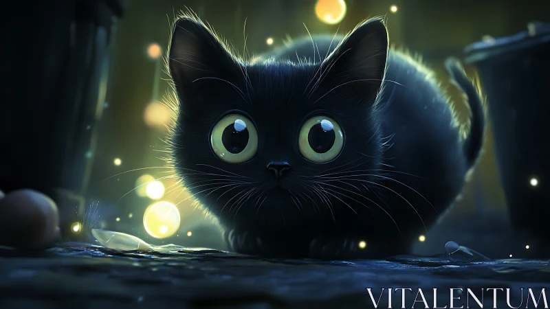 Black Cat with Luminescent Eyes in Nocturnal Setting.