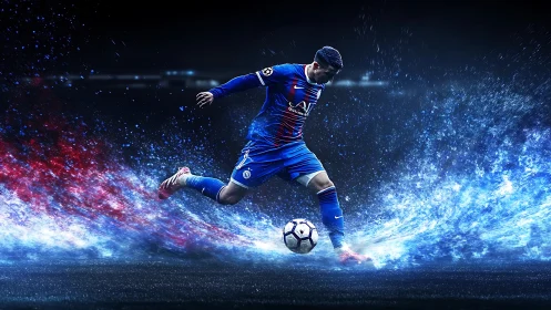 Soccer striker powers ball through neon energy spray.