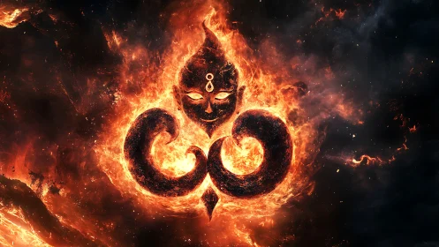 Flaming cosmic deity emblem with swirling infernal energy