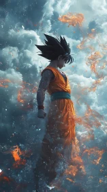 Fiery anime warrior ascends through storm-charged clouds