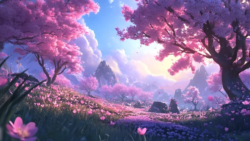 Luminescent cherry blossom valley under radiant sunrise.
