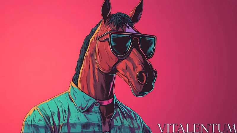 Stylized horse-headed figure wears sunglasses on neon pink