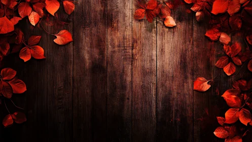Deep brown wood background framed with vivid red leaves.