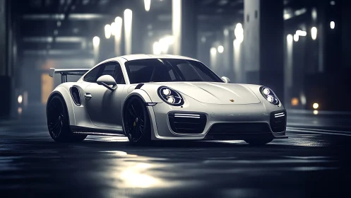 White performance coupe in cinematic low key studio light.