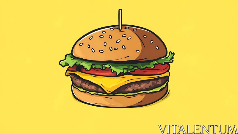 Bold cartoon cheeseburger crowned on sunshine yellow.