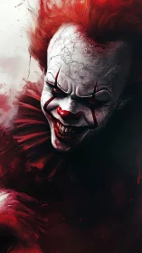 Forensic close-up of sinister carnival clown visage in red fog.