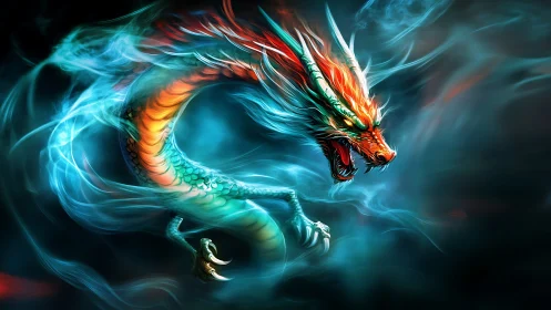 Vibrant ethereal dragon coiled in luminous blue smoke.