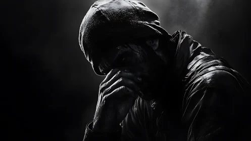 Shadowed soldier pauses as the battlefield echoes inside him