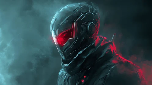 Luminous red-eyed cyber warrior emerges from glowing smoke