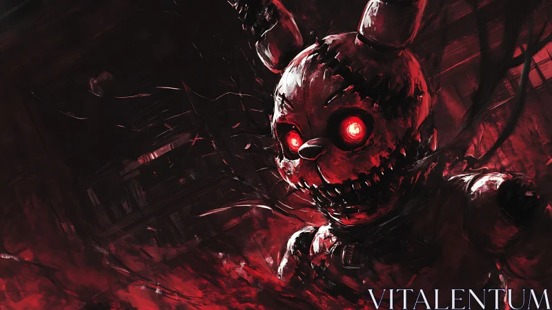 Demonic stitched rabbit animatronic under bloodred lighting