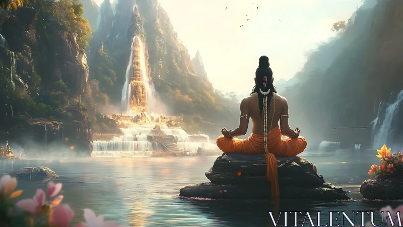 Digital painting of meditative figure before cascading temple vista.