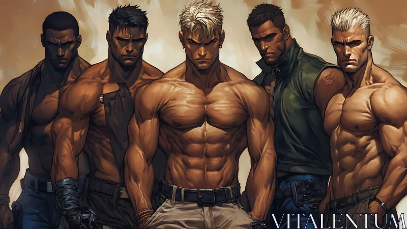 Five muscular soldiers stand united in intense formation.