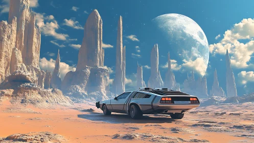 Retro sports car in eroded desert landscape under large moon.