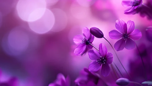 Purple cosmos flowers rendered with soft-focus bokeh and luminous backlighting technique.