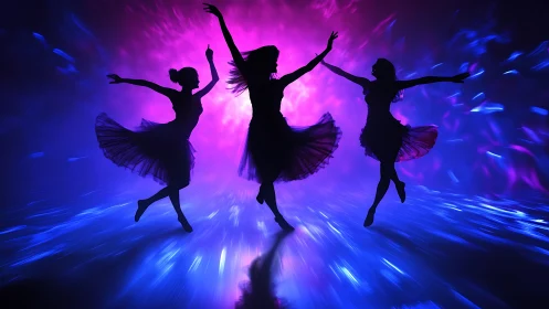 Silhouetted dancers move against vivid neon light tunnel