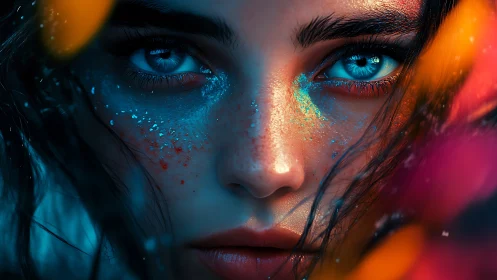 Intense blue-eyed portrait glows with neon cosmic splashes
