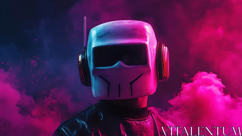Futuristic helmeted figure in neon pink and blue smoke scene.
